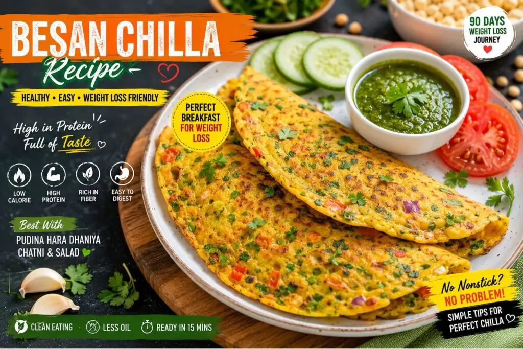 Healthy Besan Chilla Recipe for Weight Loss served with mint coriander chutney