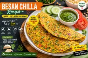 Healthy Besan Chilla Recipe for Weight Loss served with mint coriander chutney