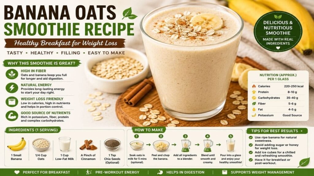 Creamy banana oats smoothie for weight loss served in a glass with oats and banana slices.