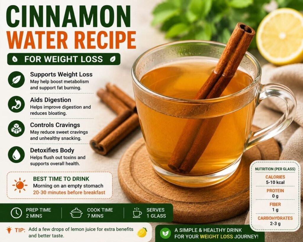 Healthy cinnamon water recipe for weight loss served in a glass with cinnamon sticks.