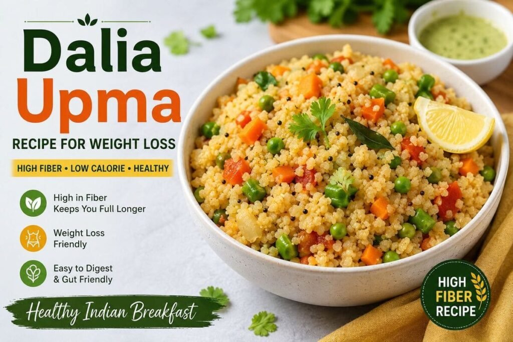 Healthy dalia upma recipe for weight loss high fiber low calorie Indian breakfast bowl with vegetables
