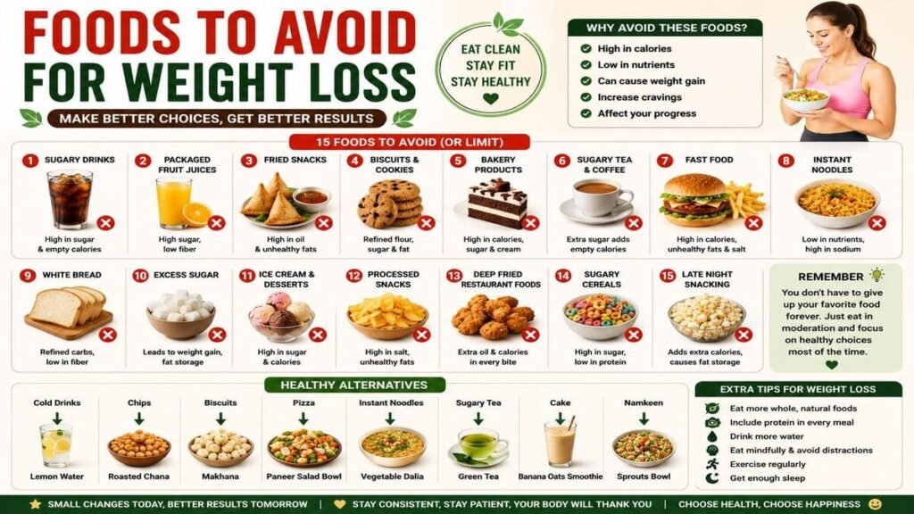 Foods To Avoid For Weight Loss including soft drinks, chips, cakes, fried foods and processed snacks.
