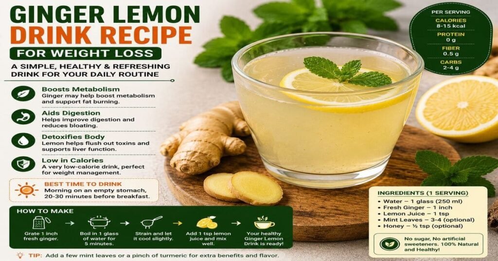 Healthy ginger lemon drink recipe for weight loss served in a glass with fresh ginger and lemon.