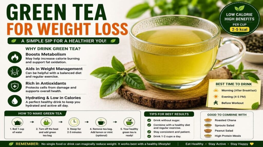 Green Tea For Weight Loss served in a glass cup with fresh green tea leaves and lemon slices.