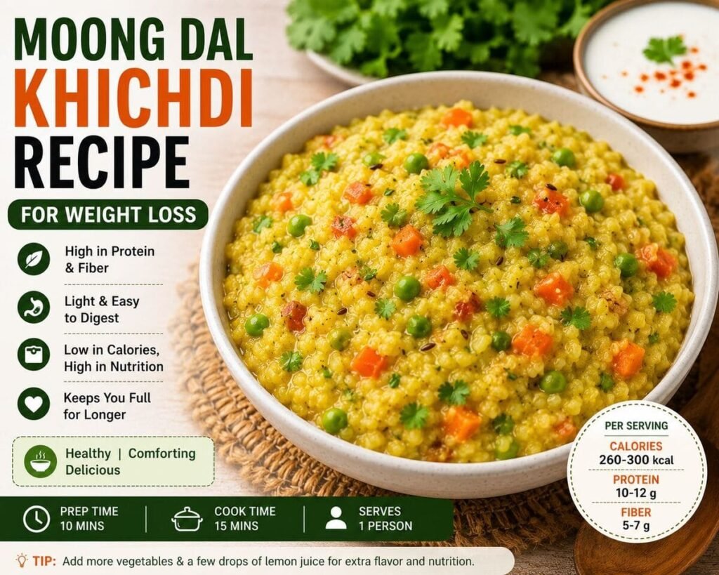Healthy moong dal khichdi recipe for weight loss served with vegetables and coriander.