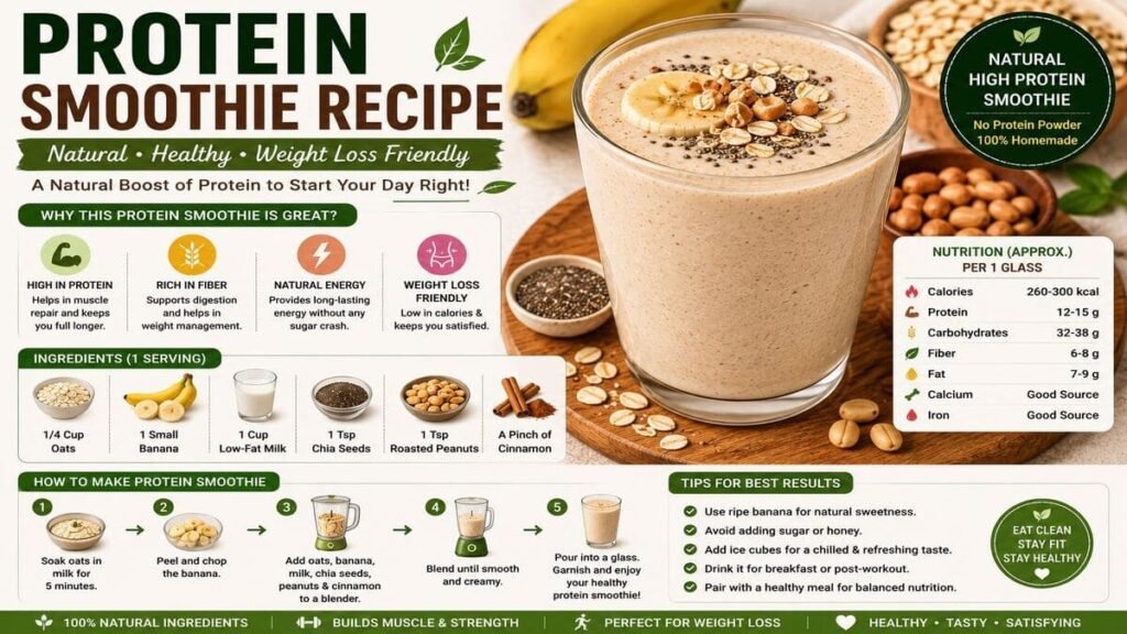 Natural protein smoothie for weight loss made with oats, banana, milk, chia seeds and peanuts.