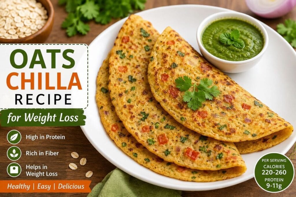 Healthy oats chilla recipe for weight loss served with green chutney