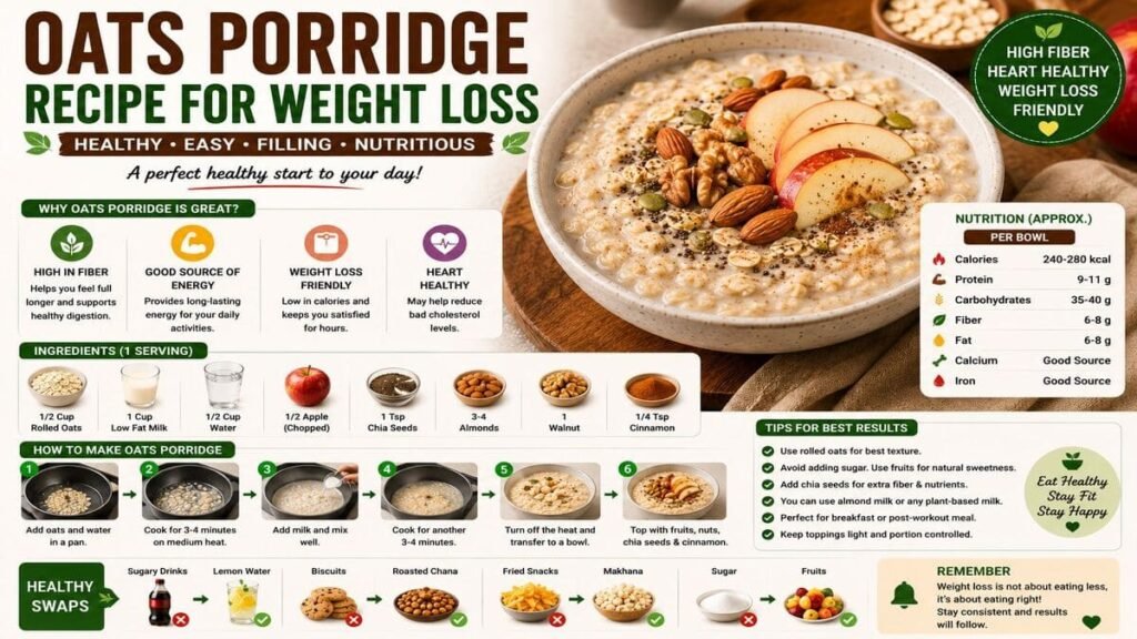 Creamy oats porridge recipe for weight loss topped with apple slices, chia seeds and almonds.