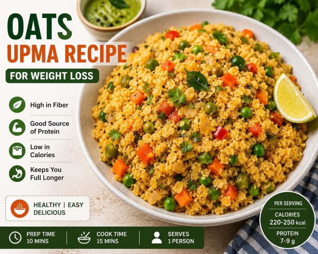 Healthy oats upma recipe for weight loss served with vegetables