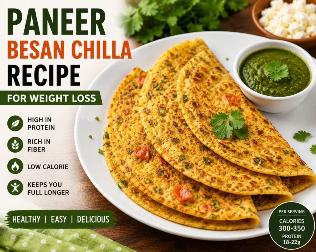 Healthy paneer besan chilla recipe for weight loss served with green chutney