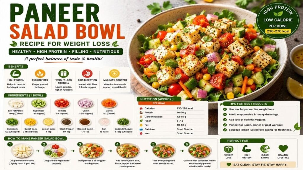 High protein paneer salad bowl recipe with paneer cubes, cucumber, tomatoes, carrots and fresh vegetables.