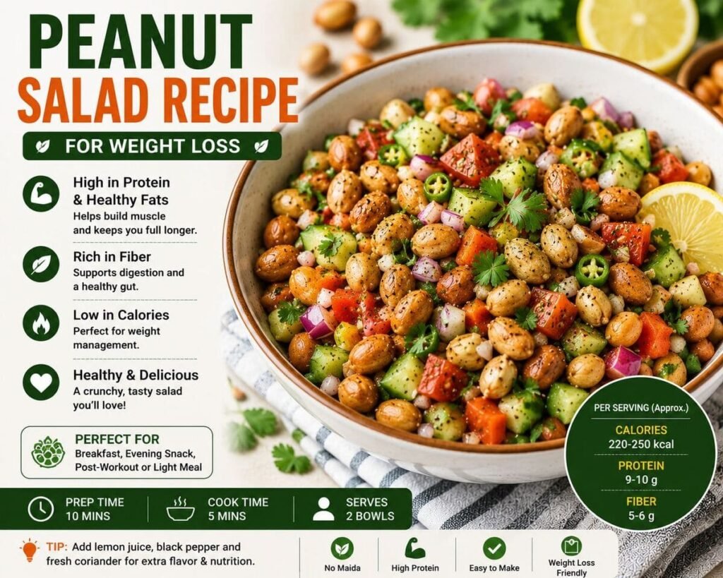 Healthy peanut salad recipe for weight loss served with cucumber, tomatoes and lemon.