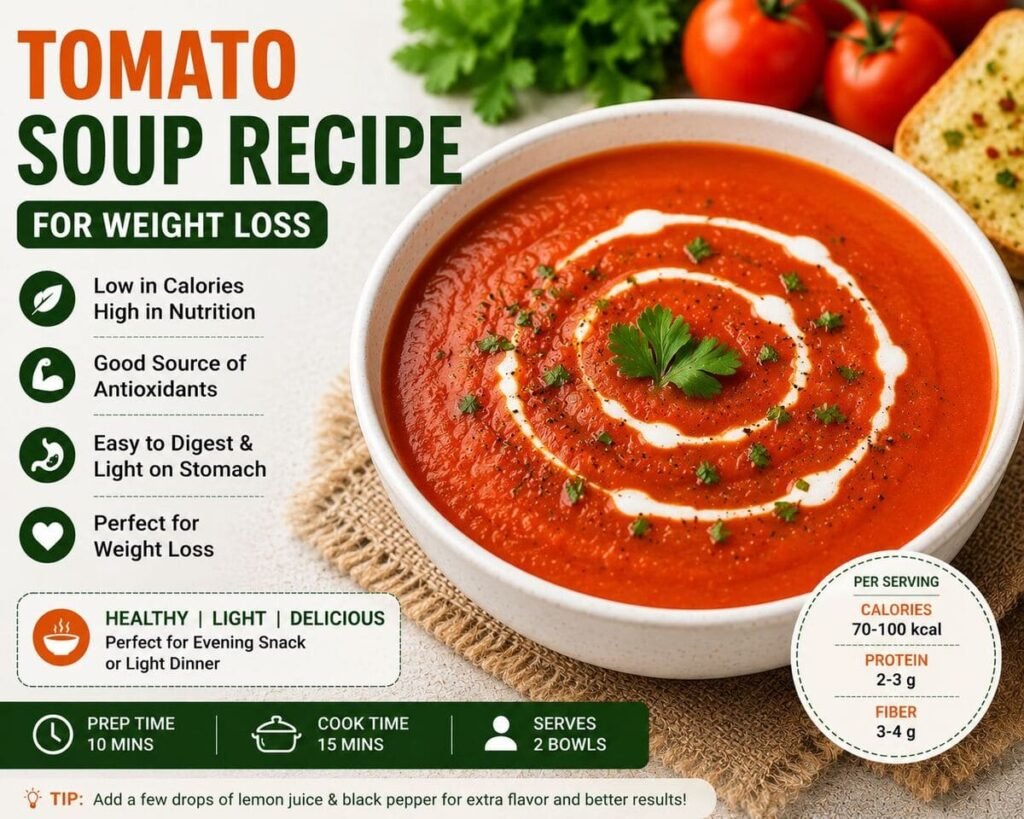 Healthy tomato soup recipe for weight loss served in a bowl with fresh herbs.