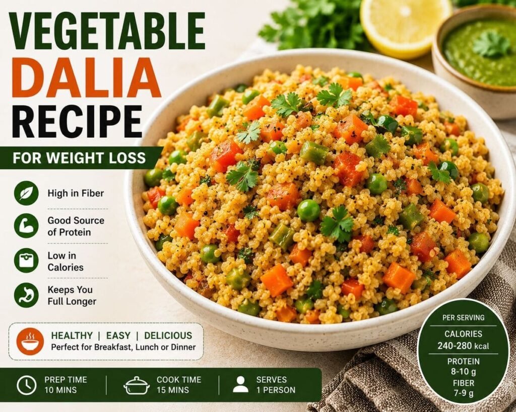Healthy vegetable dalia recipe for weight loss served with mixed vegetables