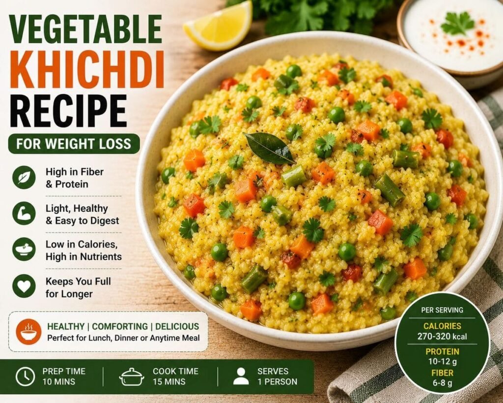 Healthy vegetable khichdi recipe for weight loss served with mixed vegetables and coriander