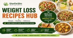 GharParSlim Weight Loss Recipes Hub banner featuring healthy Indian recipes, morning drinks, breakfast recipes, lunch, dinner and healthy snacks for weight loss.