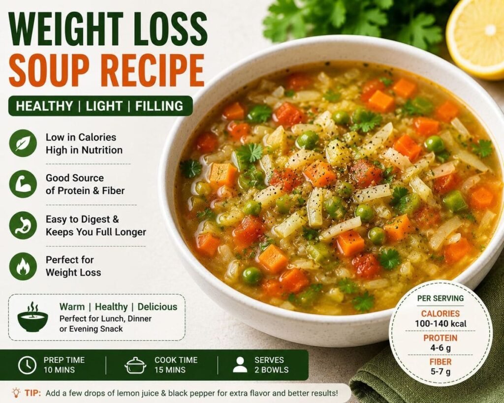 Healthy weight loss soup recipe with mixed vegetables served in a bowl.